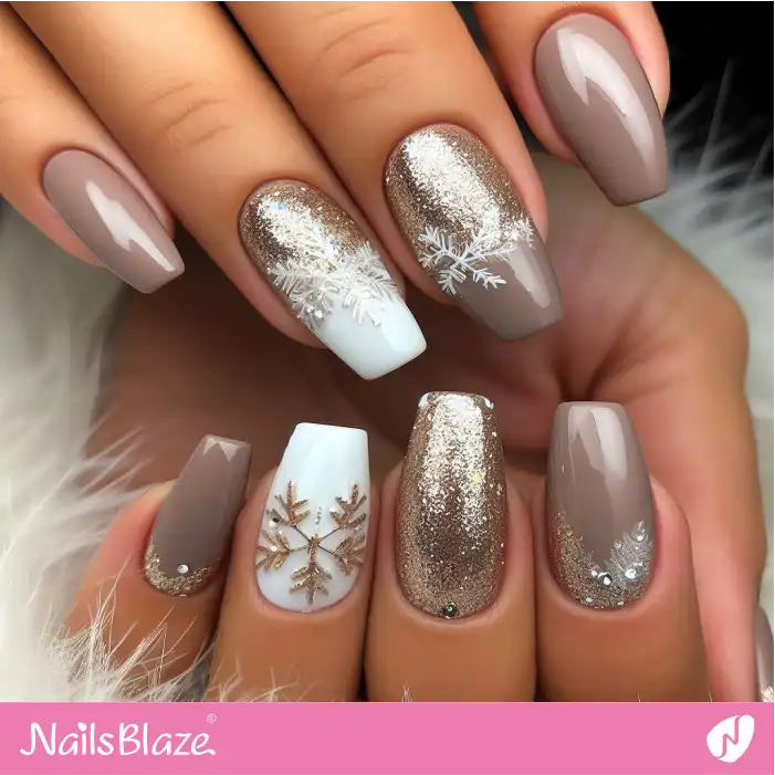 Snowflake Nails with Gold Glitter Design | Christmas Nails - NB1685
